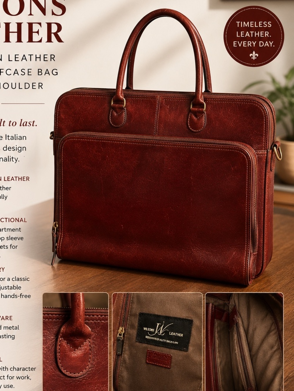 VINTAGE Wilsons Leather Red Italian Leather Laptop Briefcase Bag Tote Shoulder